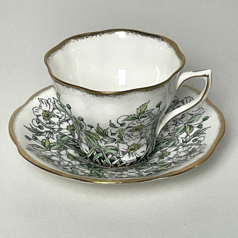 Vintage Rosina Bone China Teacup & Saucer White Flowers Black White Gold England